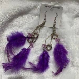 Silver and purple feathered rave earrings